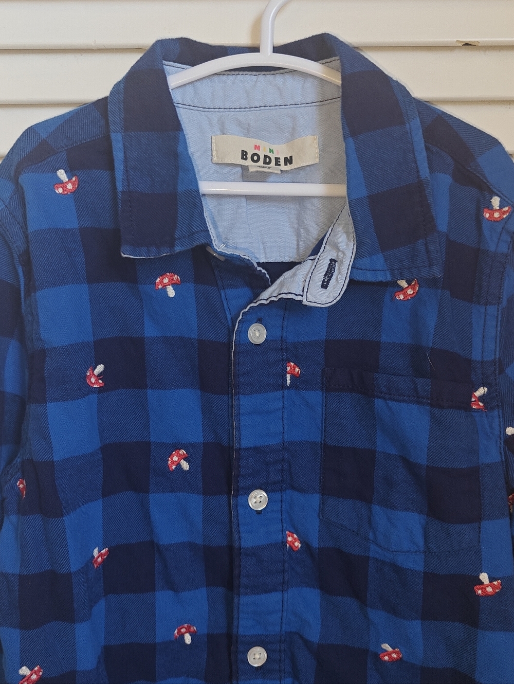 Mini Boden Cosy Cotton Check Flannel Shirt in Blue Mushroom Pattern Boys 7/8 - Picture 2 of 6